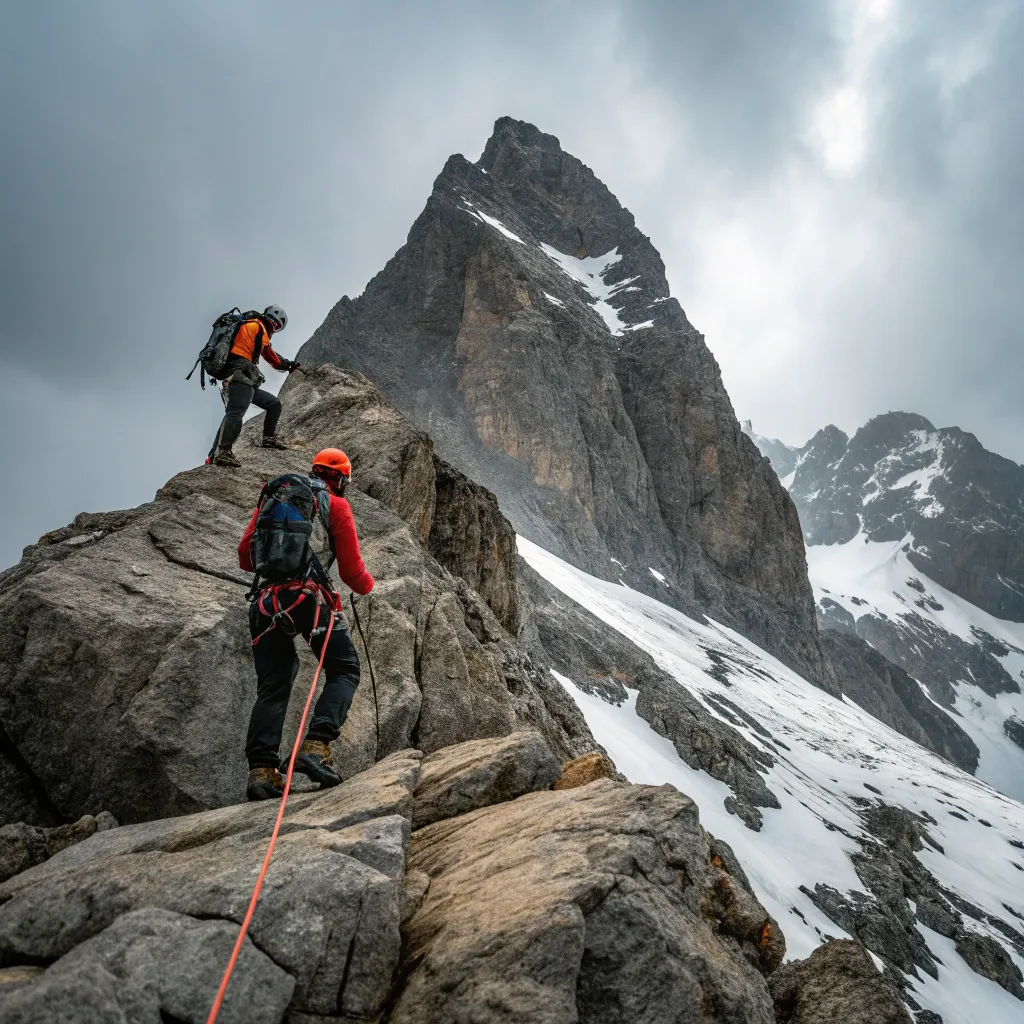 Climbers ascending a challenging peak